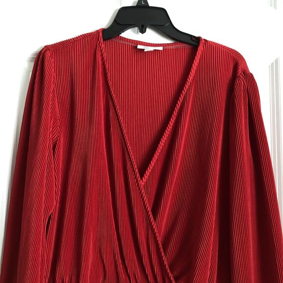 ON 34TH WOMEN'S TOP RED STRIPE WRAP, ELASTIC WAIST LONG SLEEVE PULLOVER, PEPLUM - Picture 5 of 7